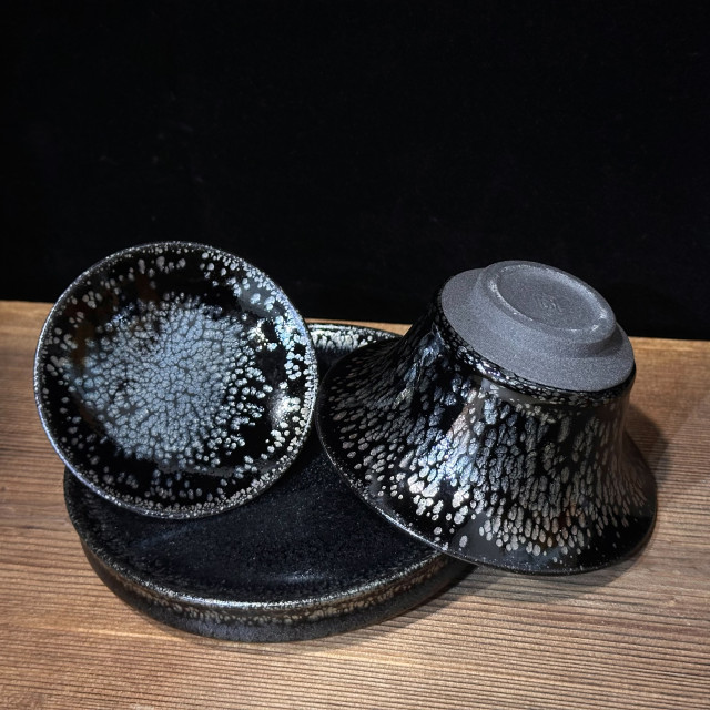 非遺 范大富｜100cc 黑底銀斑撇口三才蓋碗｜手拉胚 高鐵胎 電窯 FDF001