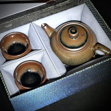 俞彩珍｜柴窯建盞壺杯組｜260cc 野青兔毫合歡壺 FCJ016